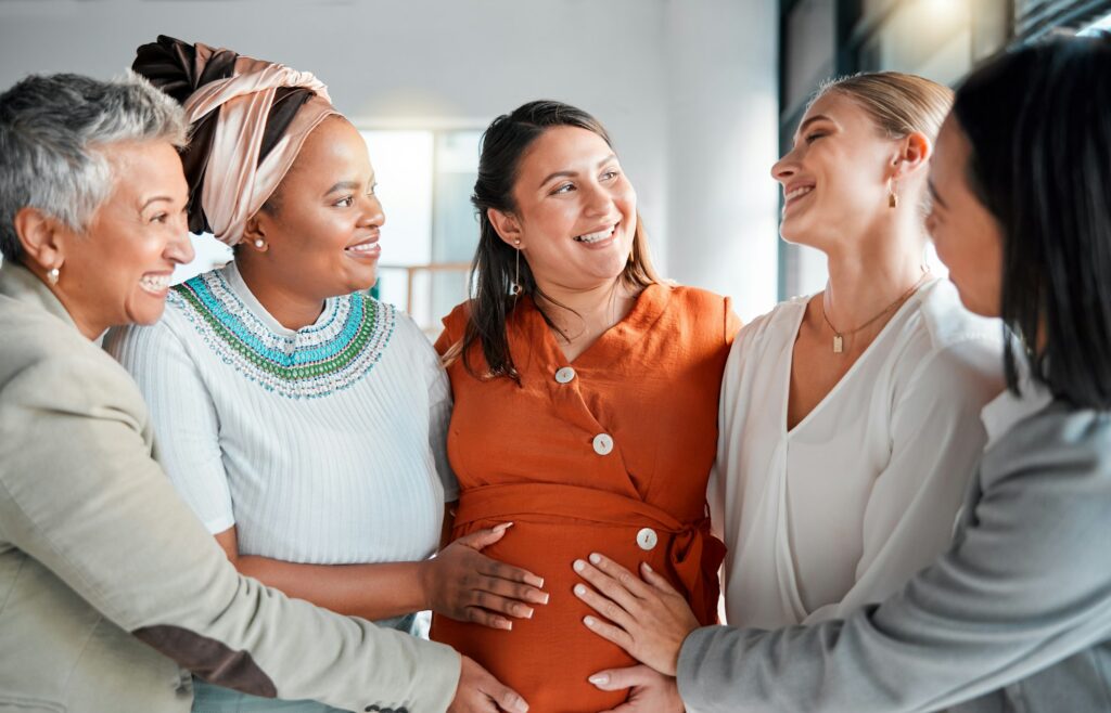 Pregnant, women touch stomach and support with smile, love and solidarity with care, wellness and b